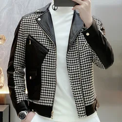 High Quality Faux Leather Stitching Jacket 2023 Autumn Winter Chibird Lattice Print Lapel Jacket  Brand Motorcycle Coat Men