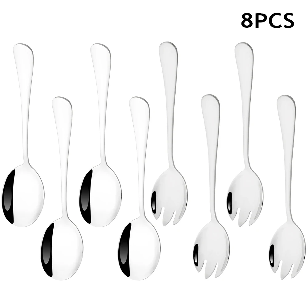 8Pcs Salad Spoon Fork Tableware Set Silver Stainless Steel Cutlery Set Service Spoon Set Mirror Unique Spoons Fork Kitchen Tool