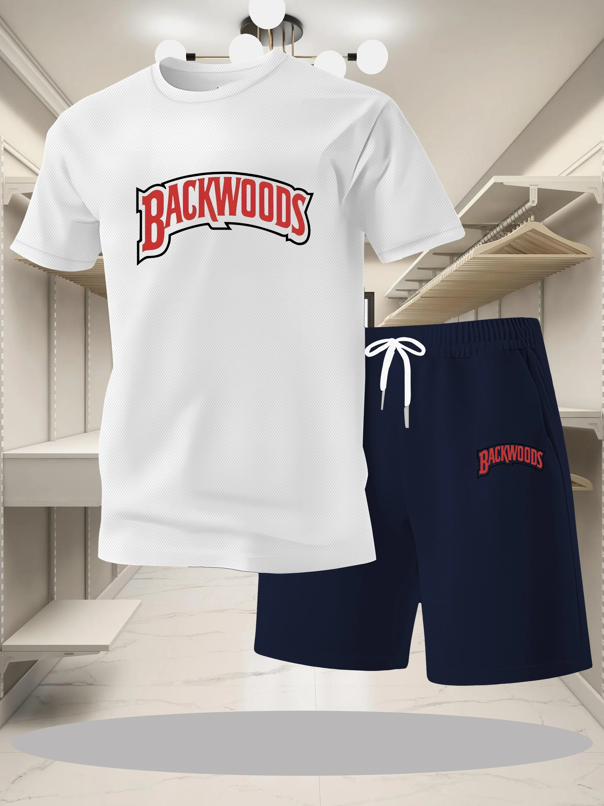 

Men's fashion trend set summer ice feeling breathable loose quick drying short sleeved T-shirt and shorts casual two-piece set