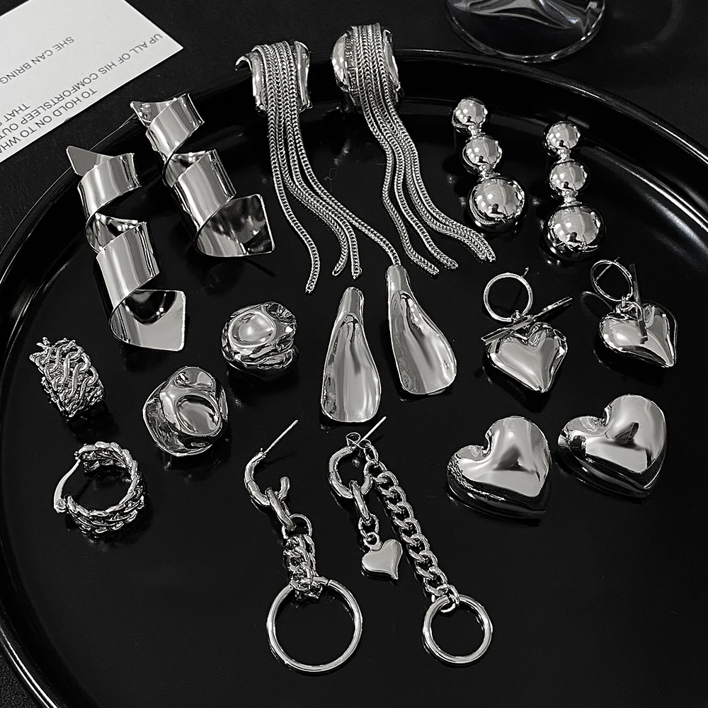 Flashbuy Punk Y2K Statement Silver Color Earrings For Women Heart Tassels Geometry Earrings Fashion Jewelry