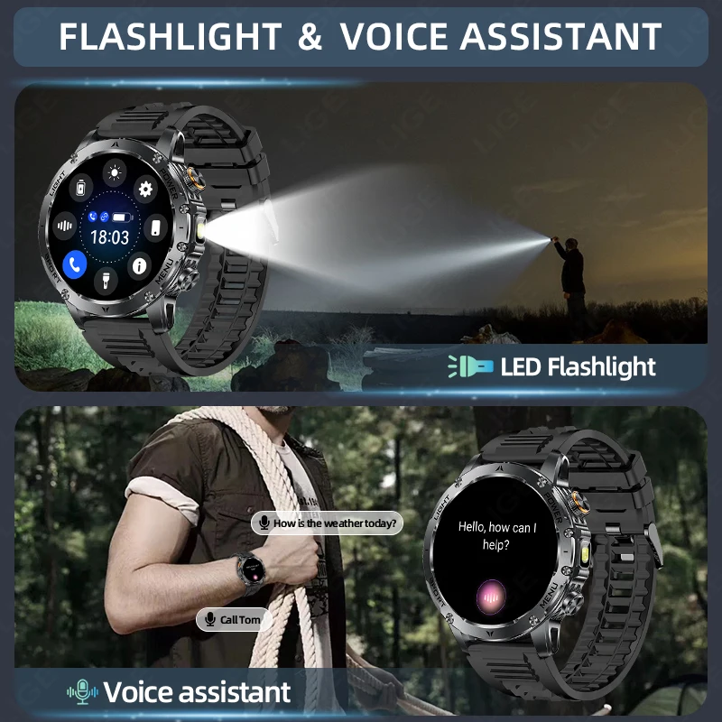 LIGE 2025 Nuovo 1000mAh Sport all'aria aperta Monitor Fitness Smart Watch 1.7 pollici Chiamata Bluetooth IP68 Torcia impermeabile Smartwatch