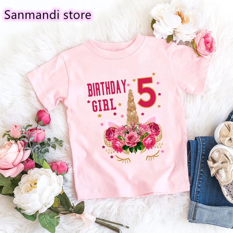 

New Pink Tshirt Tops for Girls 5th-11th Birthday Gift T Shirt Kids Clothes Flower Golden Unicorn T-Shirt Clothing Streetwear