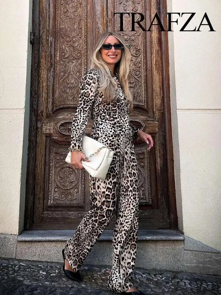 Neue 2025 Frühling Weibliche Mit Tasche Lange Ärmel Revers Hemd + Gerade Bein Hohe Taille Hosen Vintage Leopard Print 2-stück Anzug