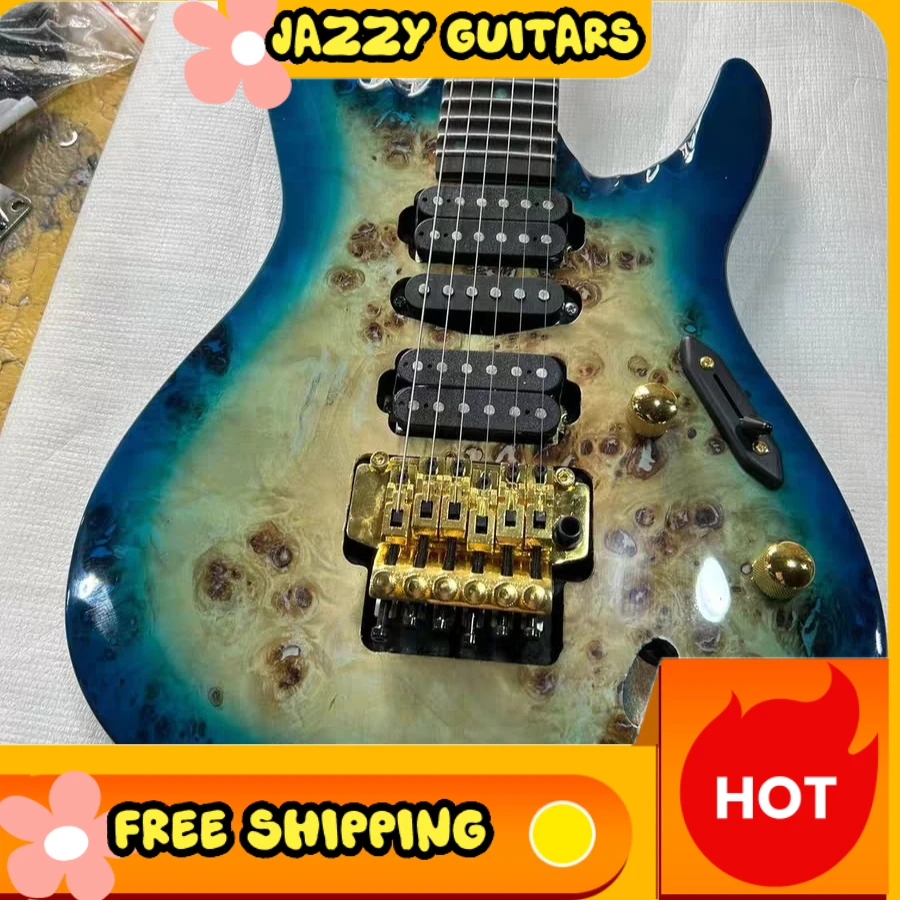

Blue Burl Top Electric Guitar HSH Pickups Mahogany Body Rosewood Neck Metal Free Shipping Hot Selling Gift For Beginners