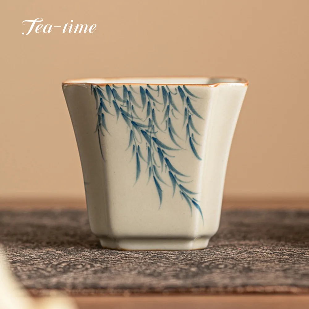 90ml Ceramics Square Cup Pure Hand-painted Willow Swallow Teacup Boutique Plant Ash Tea Bowl Master Cup Kung Fu Tea Set Teaware