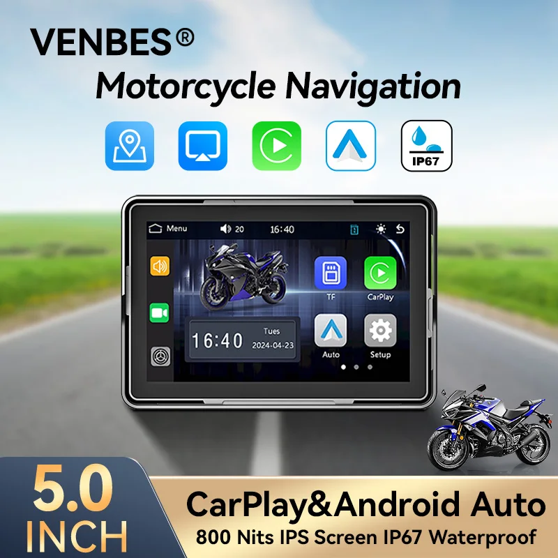 

VENBES 5" Motorcycle Carplay Android Auto Portable Navigation Waterproof Screen DVR IP67 GPS BT 5.0