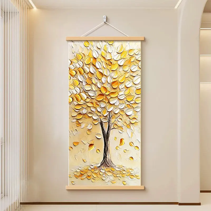 Money Tree Oil Painting, Cream Aesthetic Floral Wall Art for Entryway Corridor Colorful Canvas Poster for Living Room Decoration