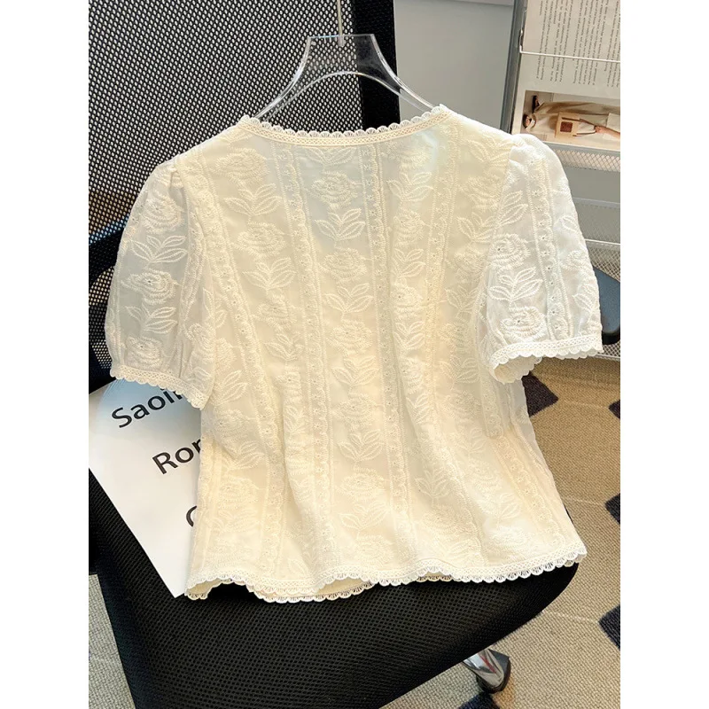Lace Top Women's 2025 Summer New Temperament Chiffon Shirt Short Sleeve