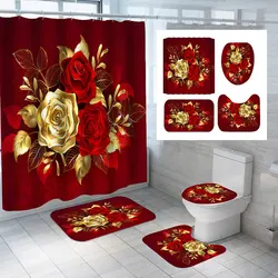 Golden Rose Shower Curtain Flowers Bathroom Curtain For Valentine's Day Bathtub Decor Waterproof Rose Bath Curtains With Hooks