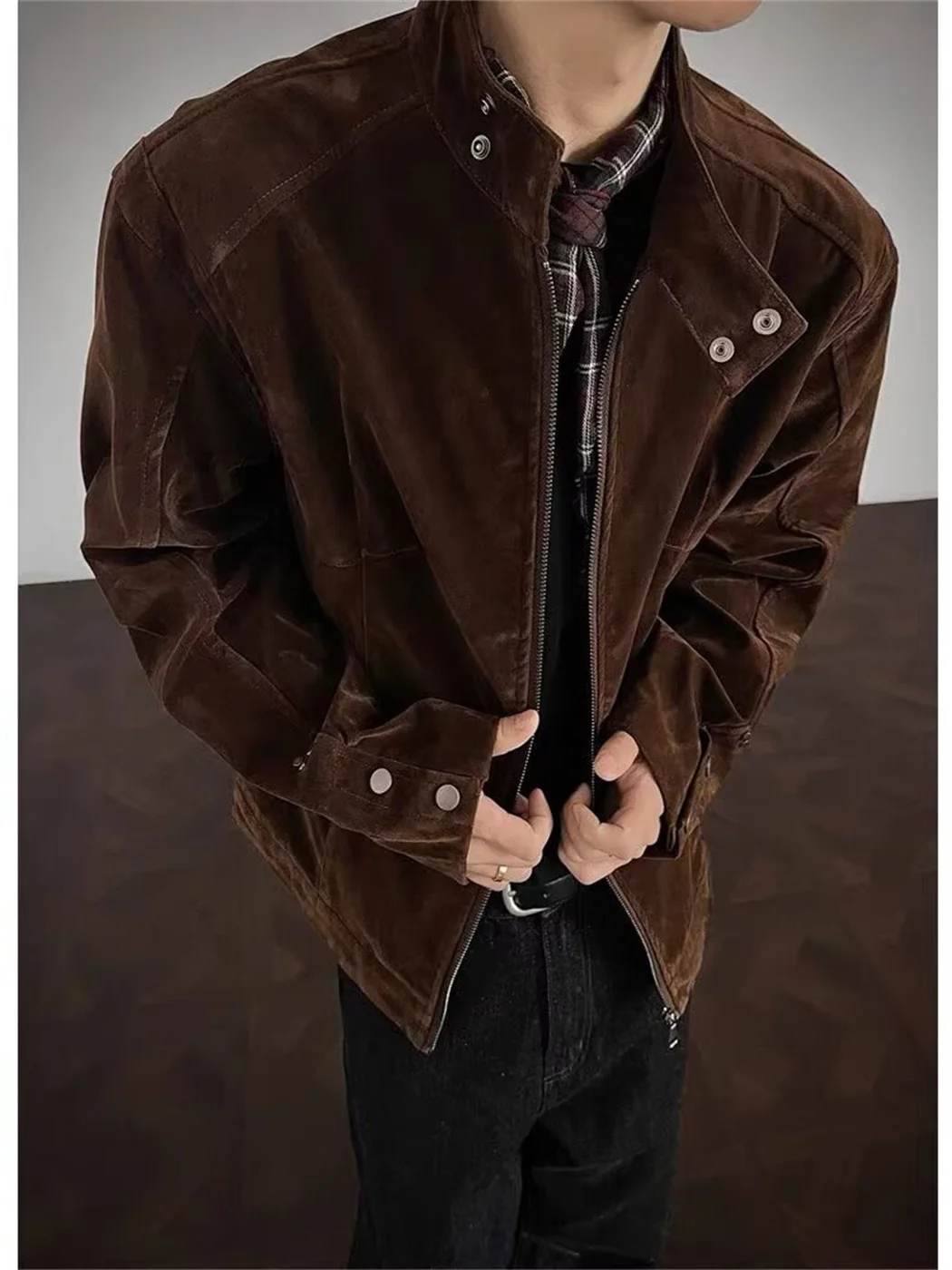 

Осень 202, новинка американского ретро, коричневая замша, Харрингтон, воротник-стойка, джат ex, модная верхняя одежда для пар, длинная одежда-стойка...