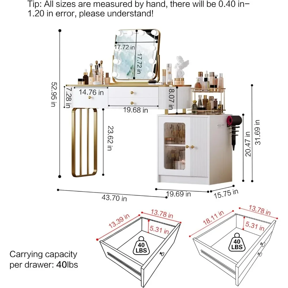 With LDE Mirror Vanity Desk ,Dressing Table with Shelf,with 3-Sections Silent Drawer Slides,Bedroom Essential,with Power Strip