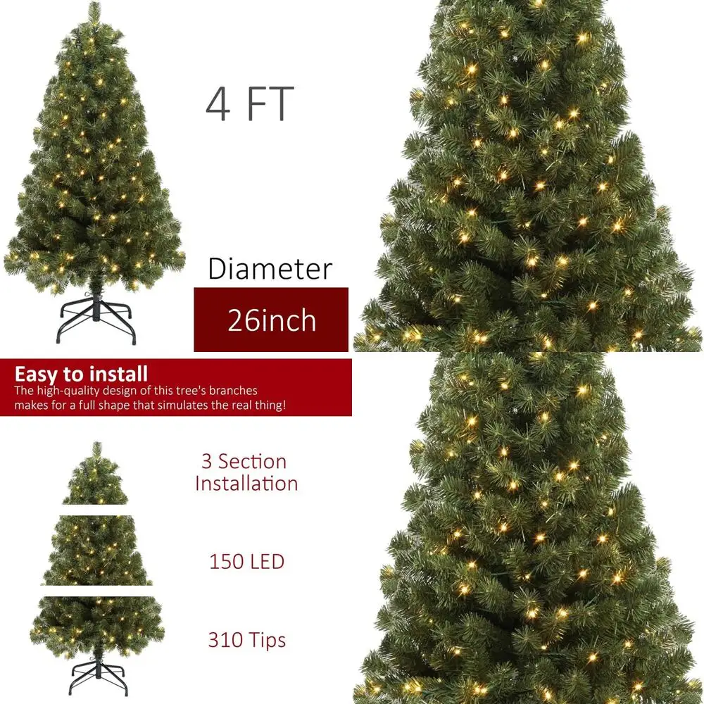 

LED-lit Artificial Christmas Tree, 4ft with 150 Lights, Hinged Branches, Metal Stand - Xmas Home Decor