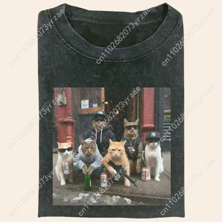 

OUTLAW CAT Meme Cringe Мужская и женская винтажная футболка высокого качества, хлопковая модная футболка с короткими рукавами, мягкие дышащие топы