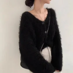 Korean V-neck Soft Mink Cashmere Cardigan Coat Women Long Sleeve Single Breasted Sweater Jacket Autumn Winter New Knitwear