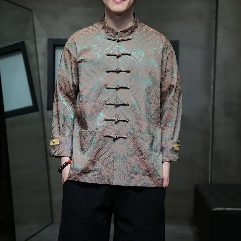 Chinese Style Men's Youth Spring And Autumn Hanfu, Tang Dynasty Printed New Chinese Style Men's Button Up Jacket Coswear