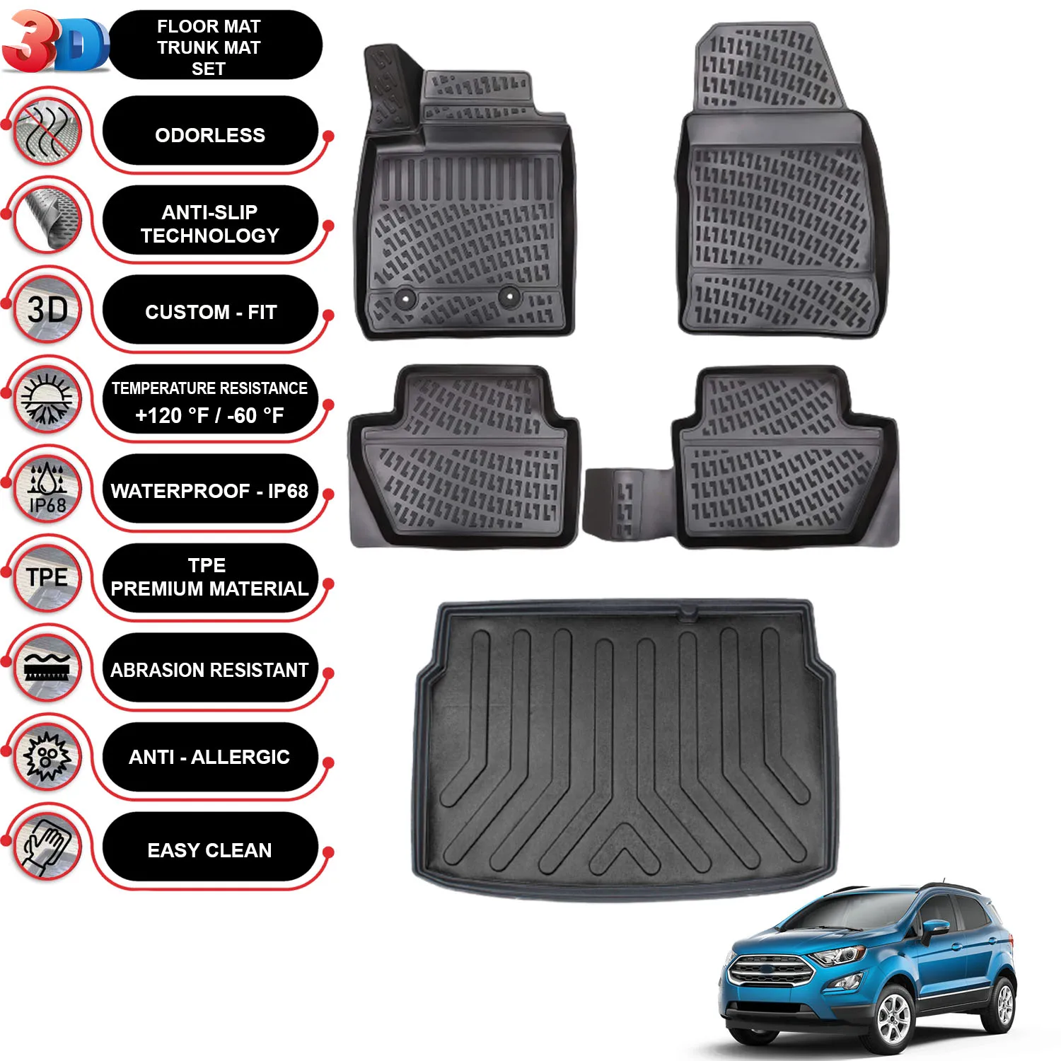 Ford Ecosport - (2016-2023) - Floor Mats + Cargo Trunk Liner - SET - (Black)