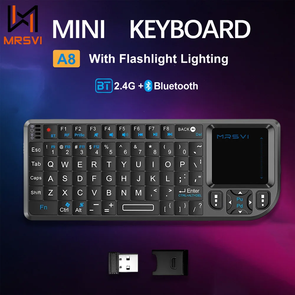 

Мини-клавиатура MRSVI A8 2.4G и Bluetooth с подсветкой, тачпадом, мышью и фонариком — портативная, идеально подходит для Android, ПК, Smart TV Box