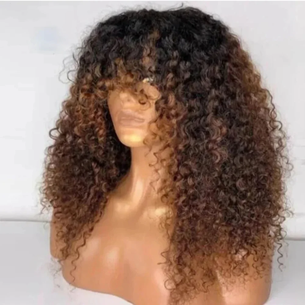 Wig Lace Front 26 Inci, Kepadatan 180, Ombre Pirang Keriting Kinky, Untuk Wanita, Dengan Poni, Serat Sintetis, Belahan Rambut Tengah, Wig untuk Pemakaian Sehari-hari