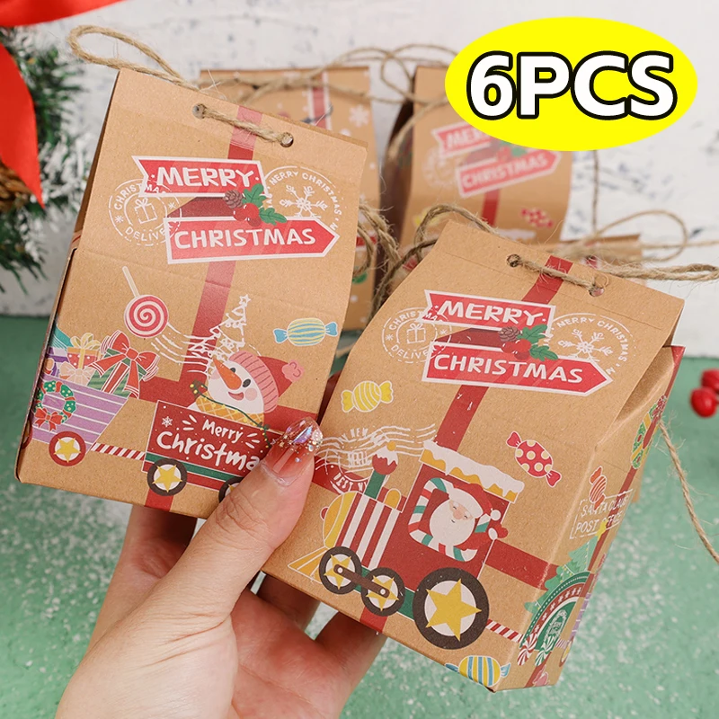 Caja de almacenamiento de dulces de Navidad, bolsa de regalo de papel Kraft con patrón de tren de Papá Noel para Cables de galletas y dulces, bolsa de embalaje de caja de regalo, 6/1 Uds.