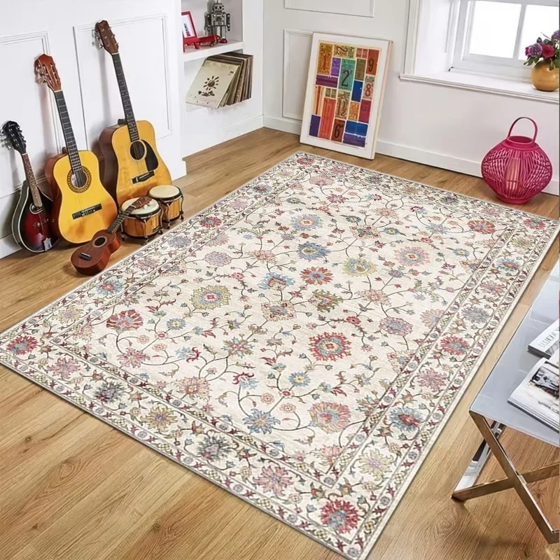 Cream Boho Floral Area Rug, All Over Botanical Print Floor Carpet, Living Room Home Decor Rug
