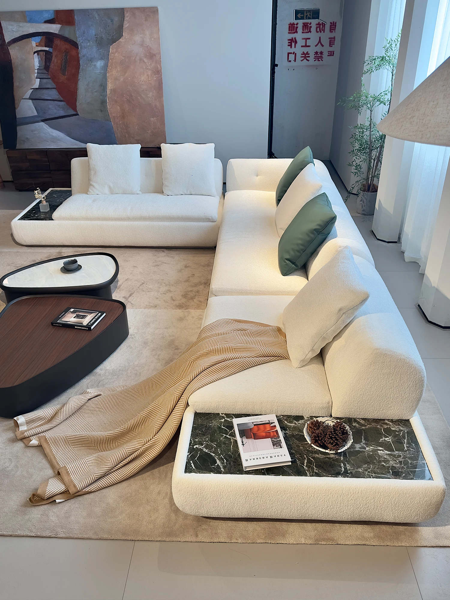 Cream Boucle U Shaped Modular Sectional Sofa Marble Side Table Built In Chaise Pillow Backrest Floor Style For Living Room Villa