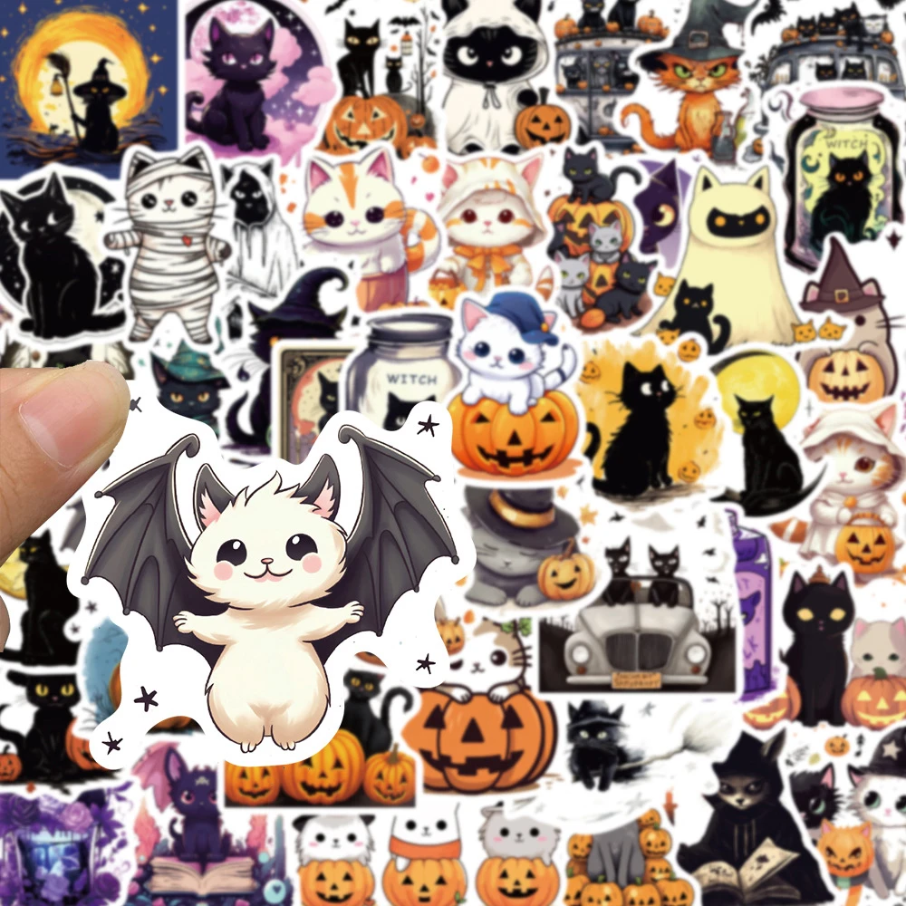 10/30/50pcs Cool Halloween Black Cat Pumpkin Cartoon Stickers Cute Witch Decals Laptop Motorcycle Phone Car Waterproof Sticker