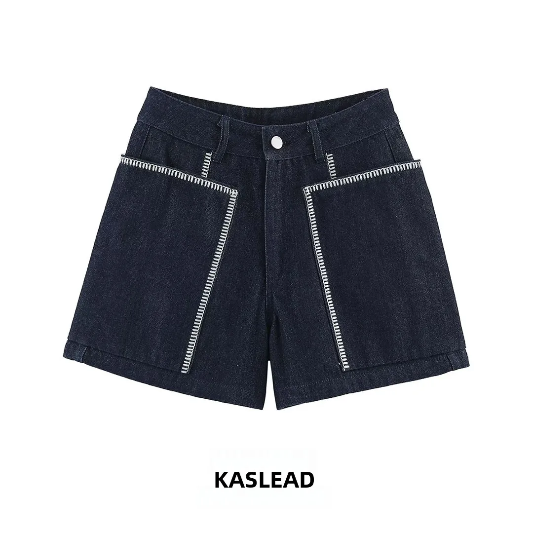 KASLEAD New Women's Fashion Pocket Patchwork Simple Embroidery Stitching Denim Shorts Natural Waist Button Polyester Fiber