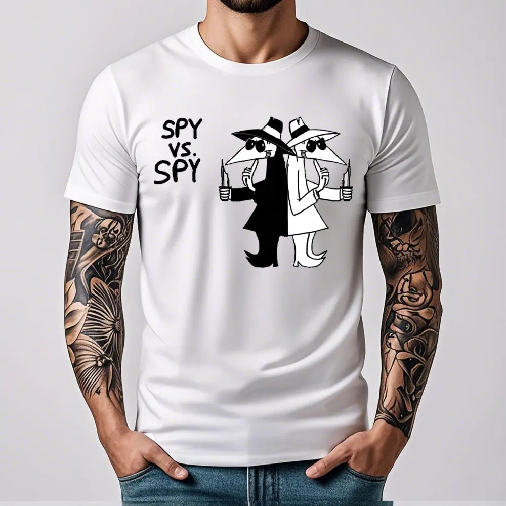 Espião vs espião gráfico t camisa masculina verão algodão tripulação pescoço retro 80s impressão dos desenhos animados engraçado humorístico estilo vintage moda camisetas