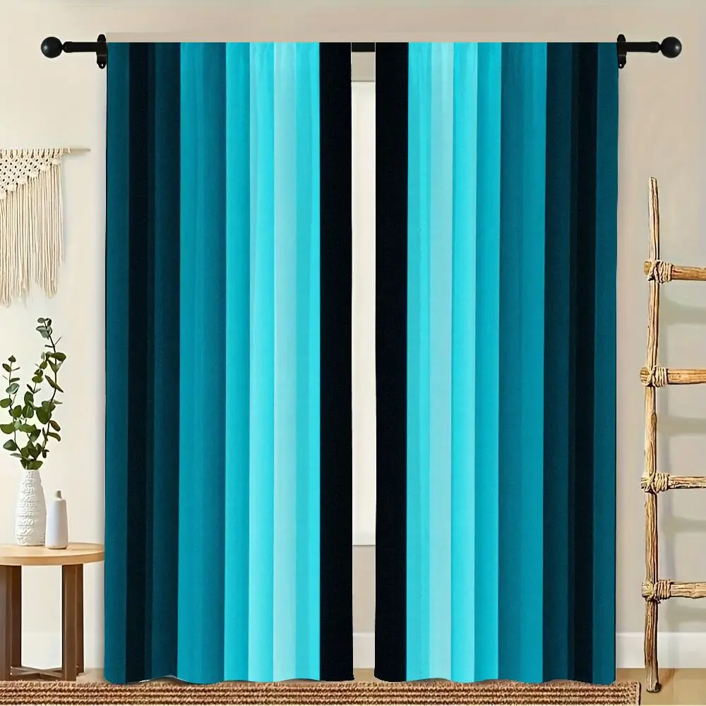 

2Pcs Curtain Blue Teal Gradient Vertical Stripes Pattern Window Drapes for Bedroom Living Room Decoration Window Treatment.