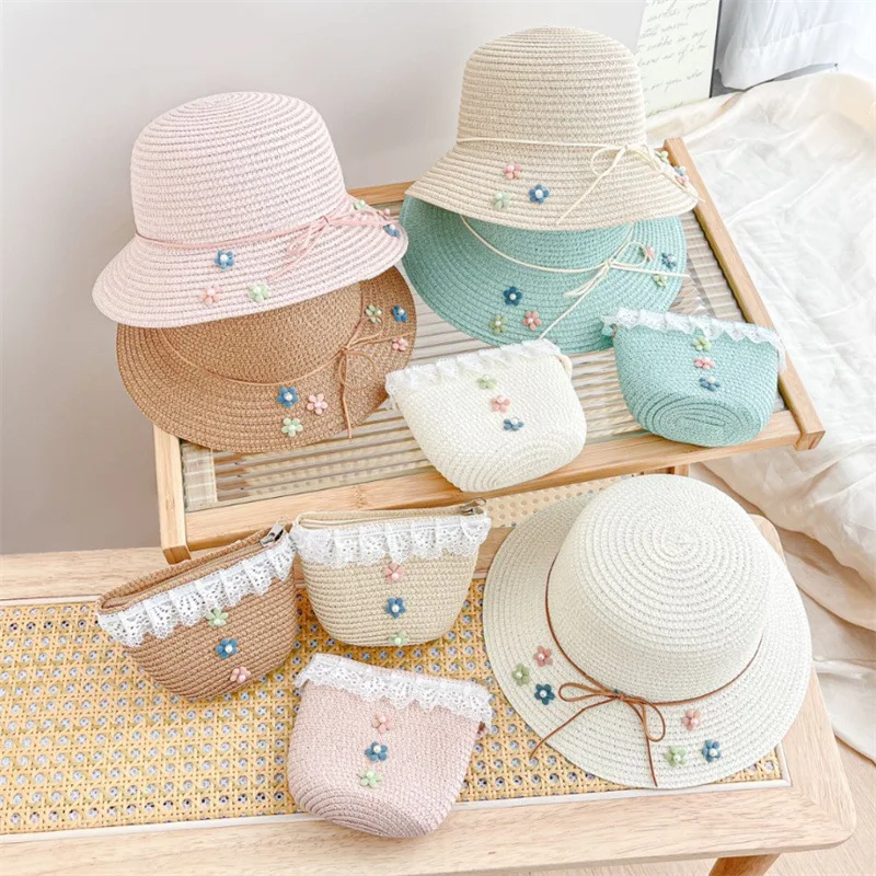 

Cute Travel Beach Sun Hat Crossbody Bag 2 Pcs Suit Cute New Bow Beach Hat and Shoulder Bag Girls Outdoor Flowers Beach Cap