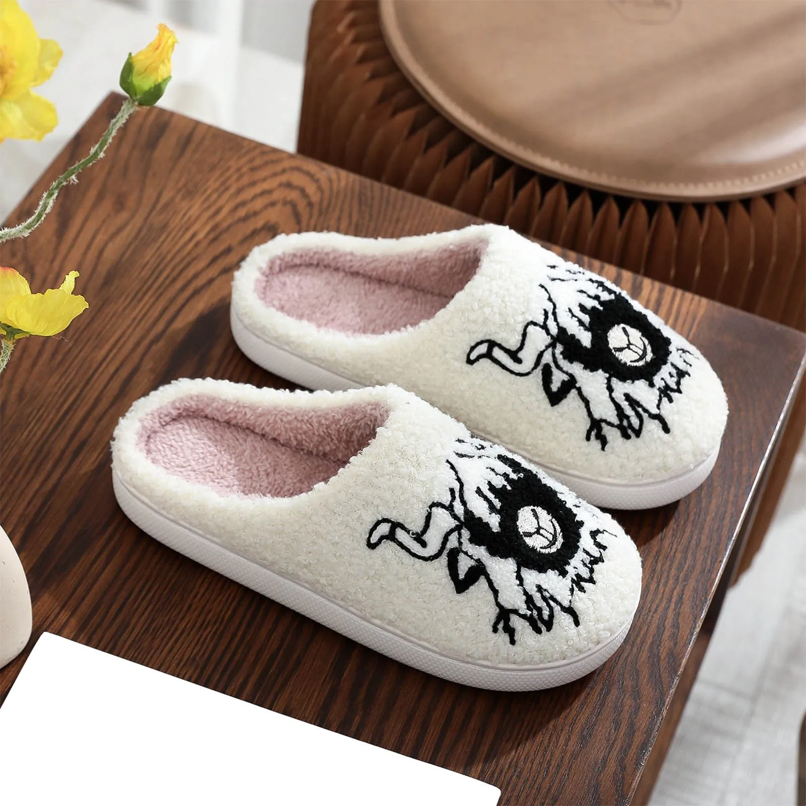 

Home Flat Indoor Ghost Non-slip Women Men Thickened Slippers Goat Halloween Gift Halloween Skull Embroidery Cotton Slippers