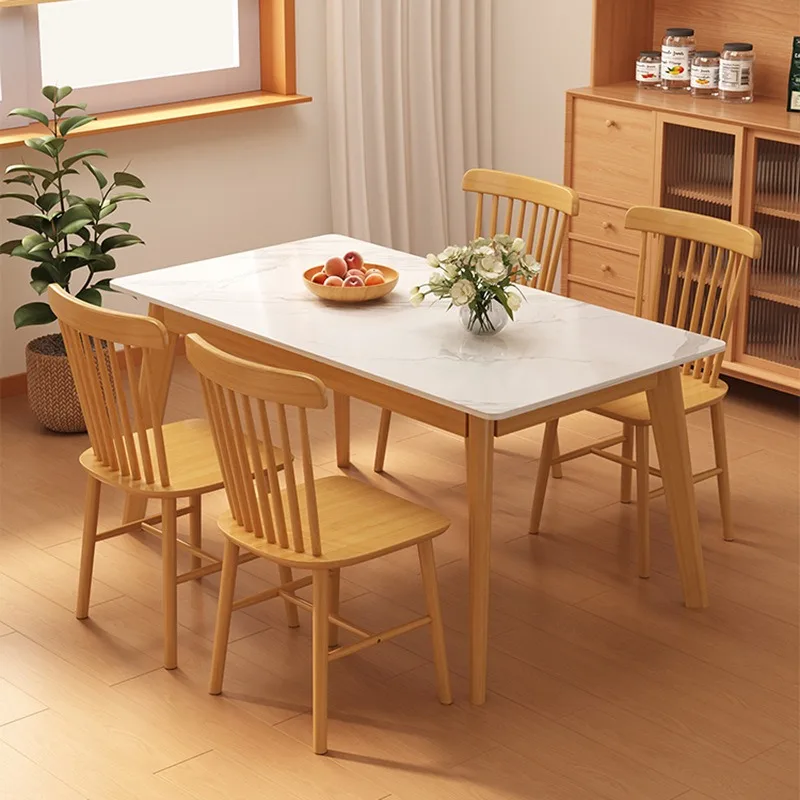 Rock Slab Dining Table And Chair Combination Solid Wood Small Apartment Light Luxury Modern Simple Style Eating Table Rectangula