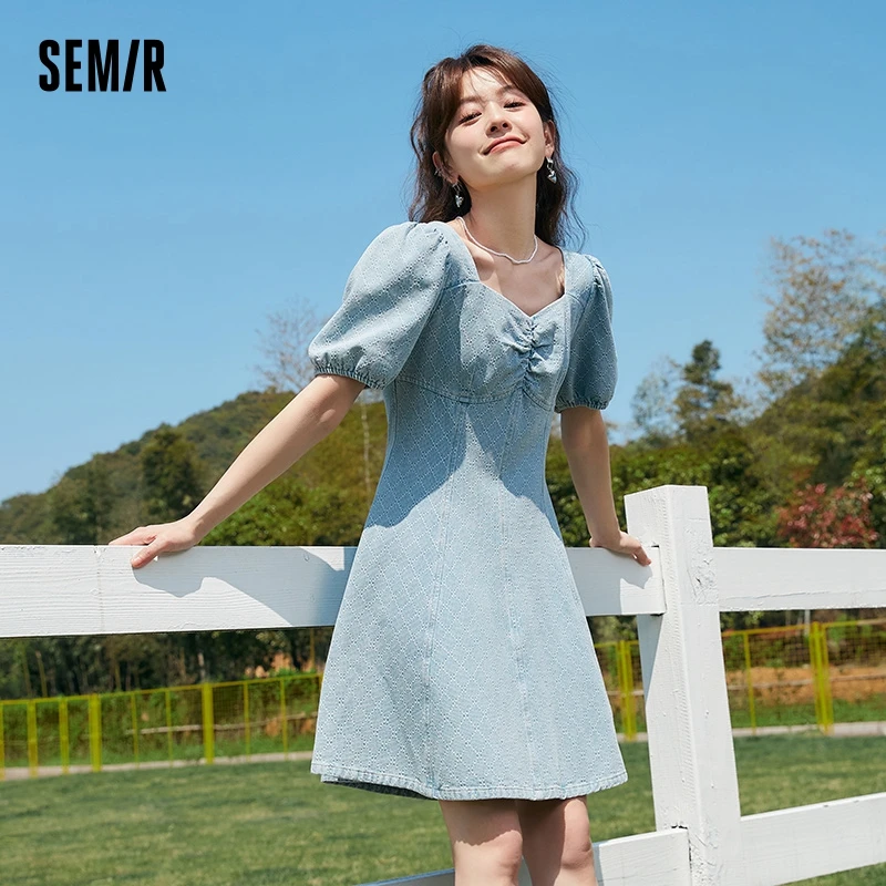 Semir Dress Women Sweet Cool Puff Mouw Zomer 2023 Nieuwe Mode Retro Diamant Jacquard Denim Jurk