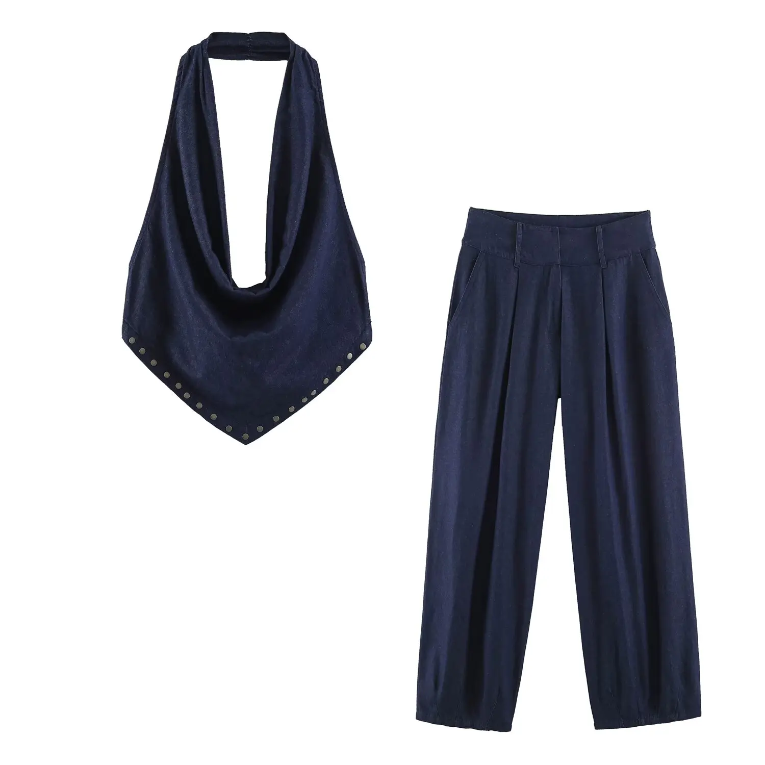 DUOPERI Women 2 Pieces Sets Denim Halter Neck Backless Crop Tops Rivet Hem High Waist Bucket Pant Chic Casual Y2K Trousers Suit