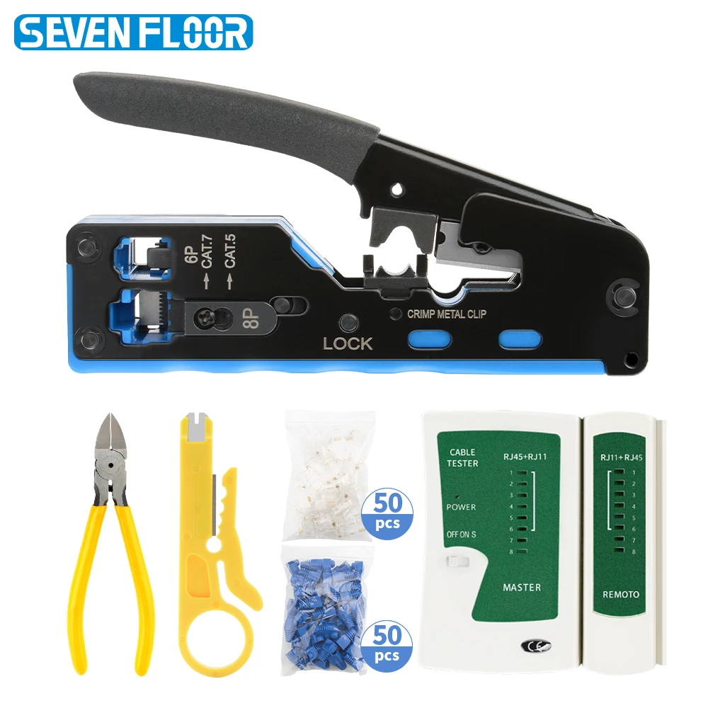RJ45 Crimp Tool Pass Through Ethernet Crimping Tool for Cat7 Cat6 Cat5e RJ45 Connectors with RJ11 Cable Tester,Stripper