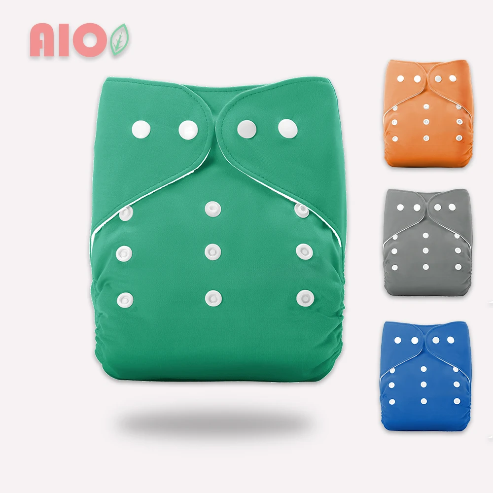 [AIO] Solid Color Waterproof Newborn Kids Cloth Diaper Pocket Baby Reusable Cloth Diaper Cover Washable Adjustable Nappies Green