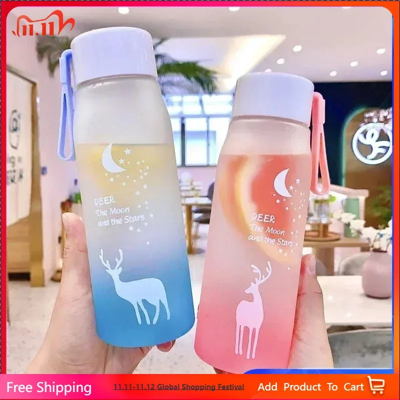 

Small Daisy Frosted Plastic Water Bottle BPA-Free Portable Travel Tea Cup with Rope 401-500ML Transparent Creative Water Bottles