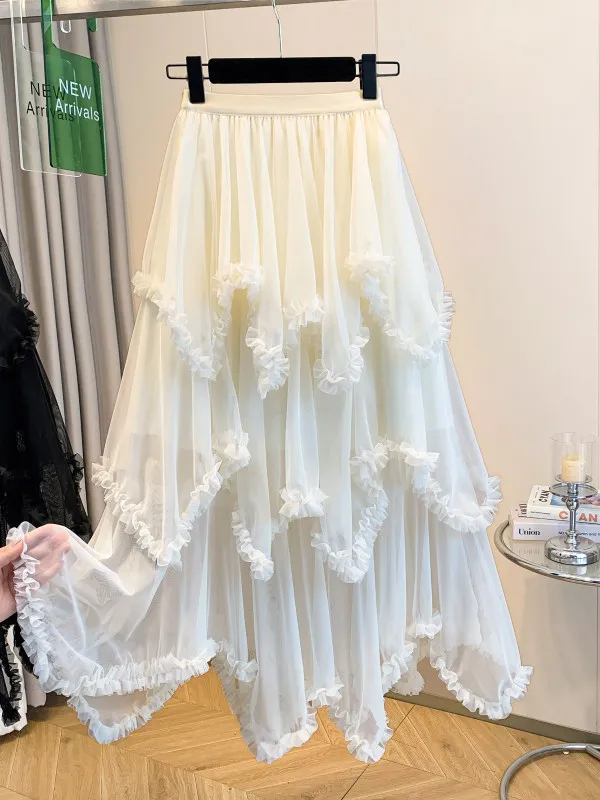 

Весенняя эластичная юбка миди с завышенной талией для женщин больших размеров, корейская повседневная юбка-кейк в стиле Wood Grain