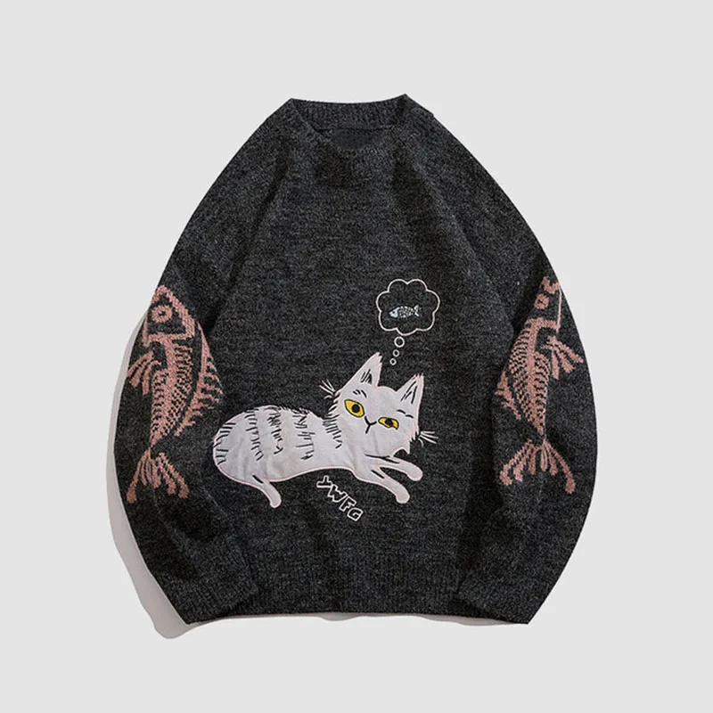 Retro Loose Sweater Men's Harajuku Kitten Printed Knitted Sweater Autumn and Winter Y2k Fashionable Street Pullover