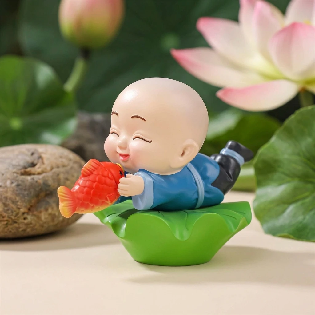 Resin Monk Ornaments Cute Lotus Flower Fish Monk Inspired Office Desktop Decoration Crafts
