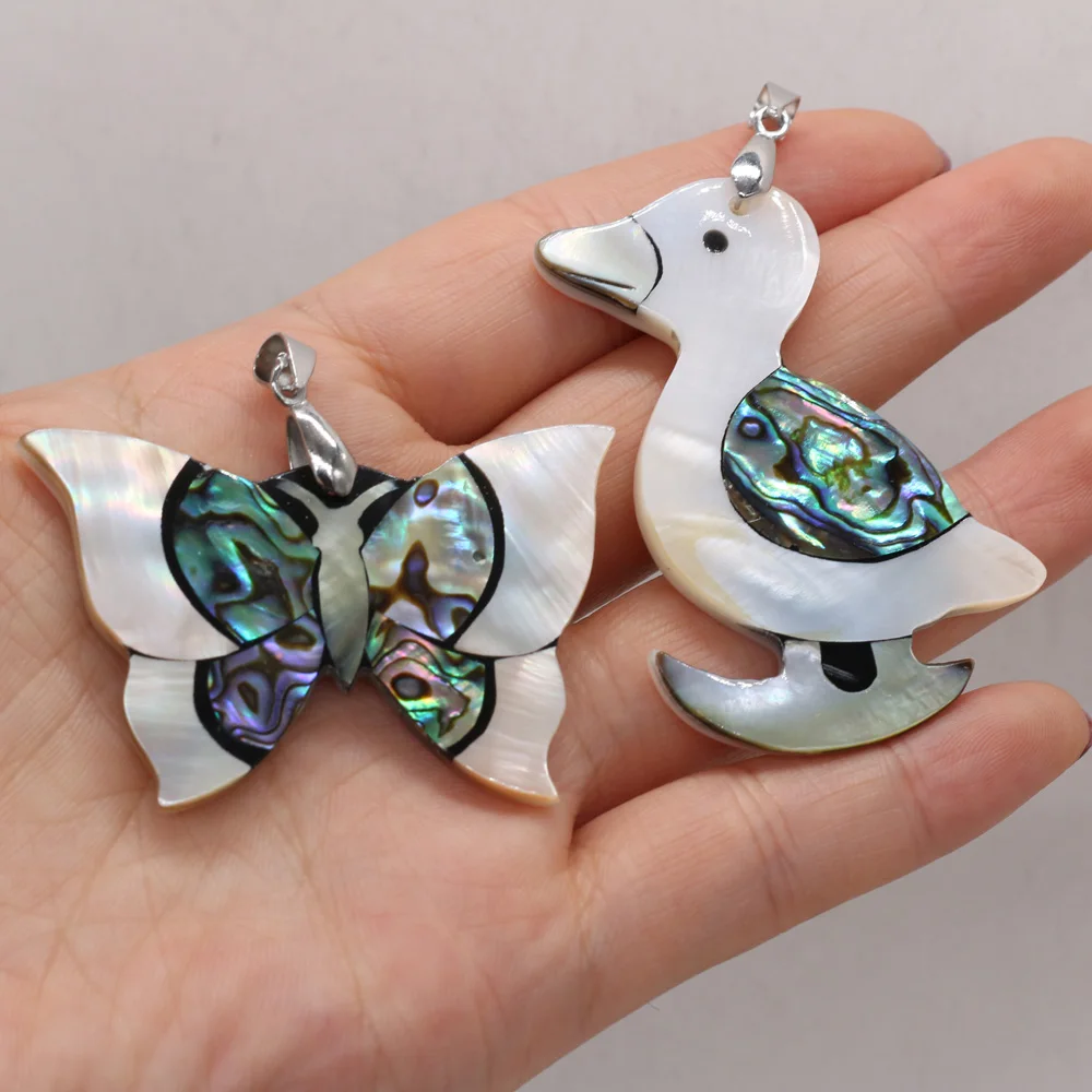 1pc Natural Abalone & White MOP Shell Inlaid Pendant Butterfly Duck Shape Shell Charms for DIY Necklace Jewelry Making Supplies