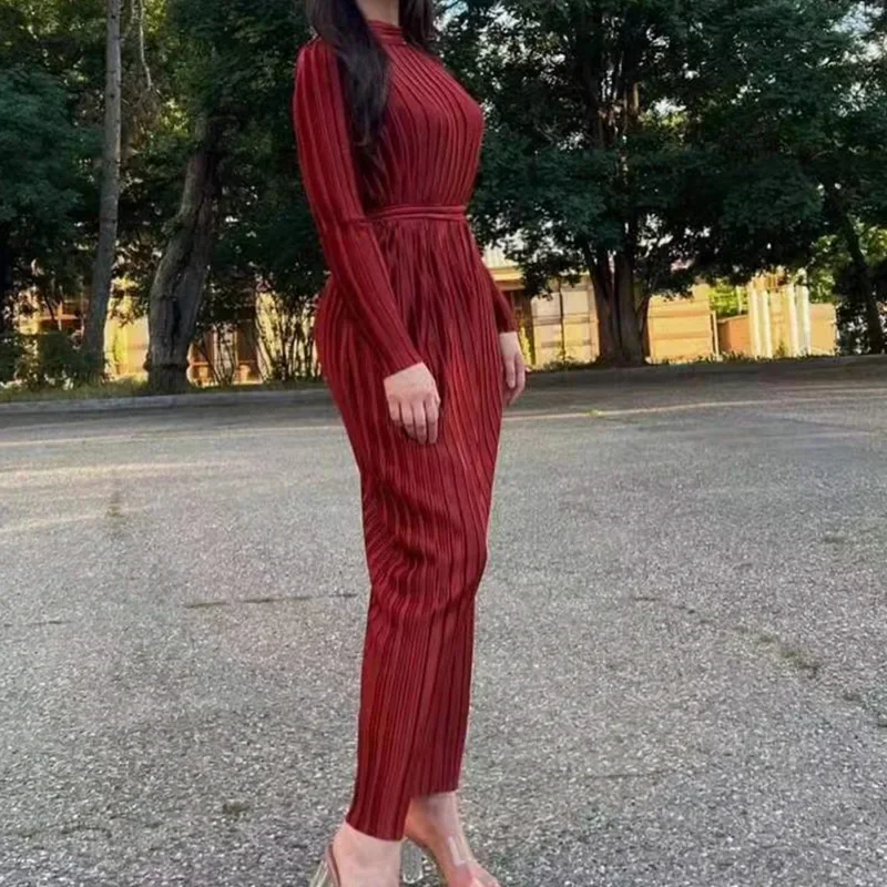 Fashion Solid Color Half High Collar Lace-Up Bodycon Dresses Long Sleeve with Belt Pleated Dress 2023 Summer New Women Clothing