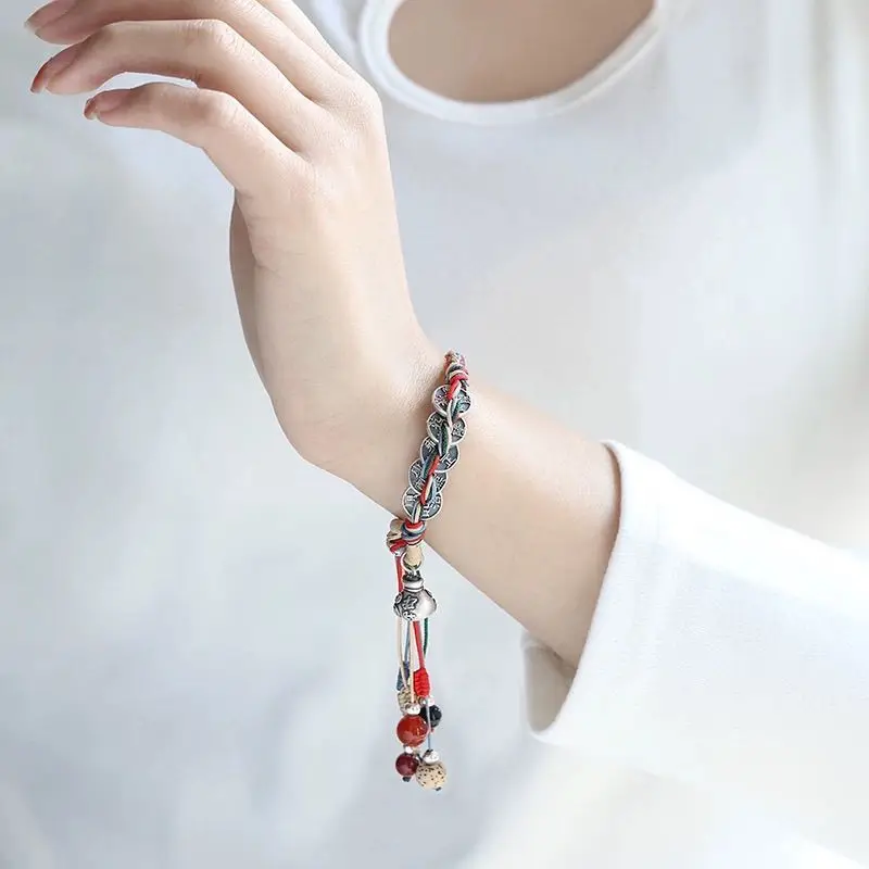 

Symbolic Wealth 999 Sterling Silver Five Emperors Money Brave Bracelet Boys and Girls Lucky Woven Chinese Hand Rope Couple Gift