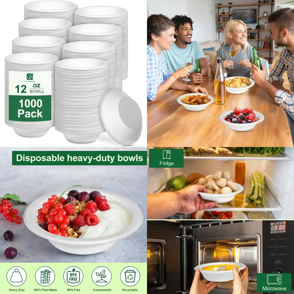 

12oz Heavy Duty Compostable Paper Bowls, 1000 Pack Biodegradable Bagasse Soup Bowls, Bulk White