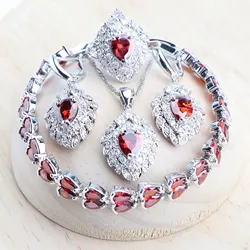 925 Silver Fine Jewelry Sets Bridal Red Zirconia Wedding Jewellery Earrings For Women Rings Pendant Necklace Stone Bracelets Set