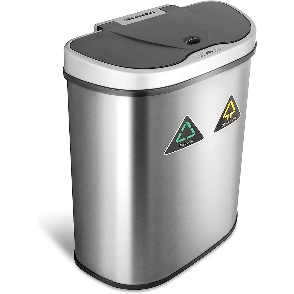 Automatic Touchless Infrared Motion Sensor Trash Can/Recycler with D Shape Silver/Black Lid & Stainless Base,