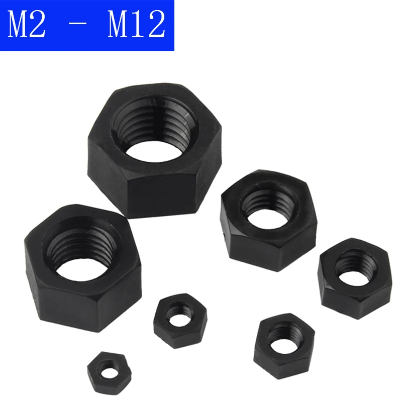 M2 M2.5 M3 M4 M5 M6 M8 M10 M12 Metric Black Nylon Hex Nuts DIN 934 Metric Sizes For Bolts Screws Hexagon