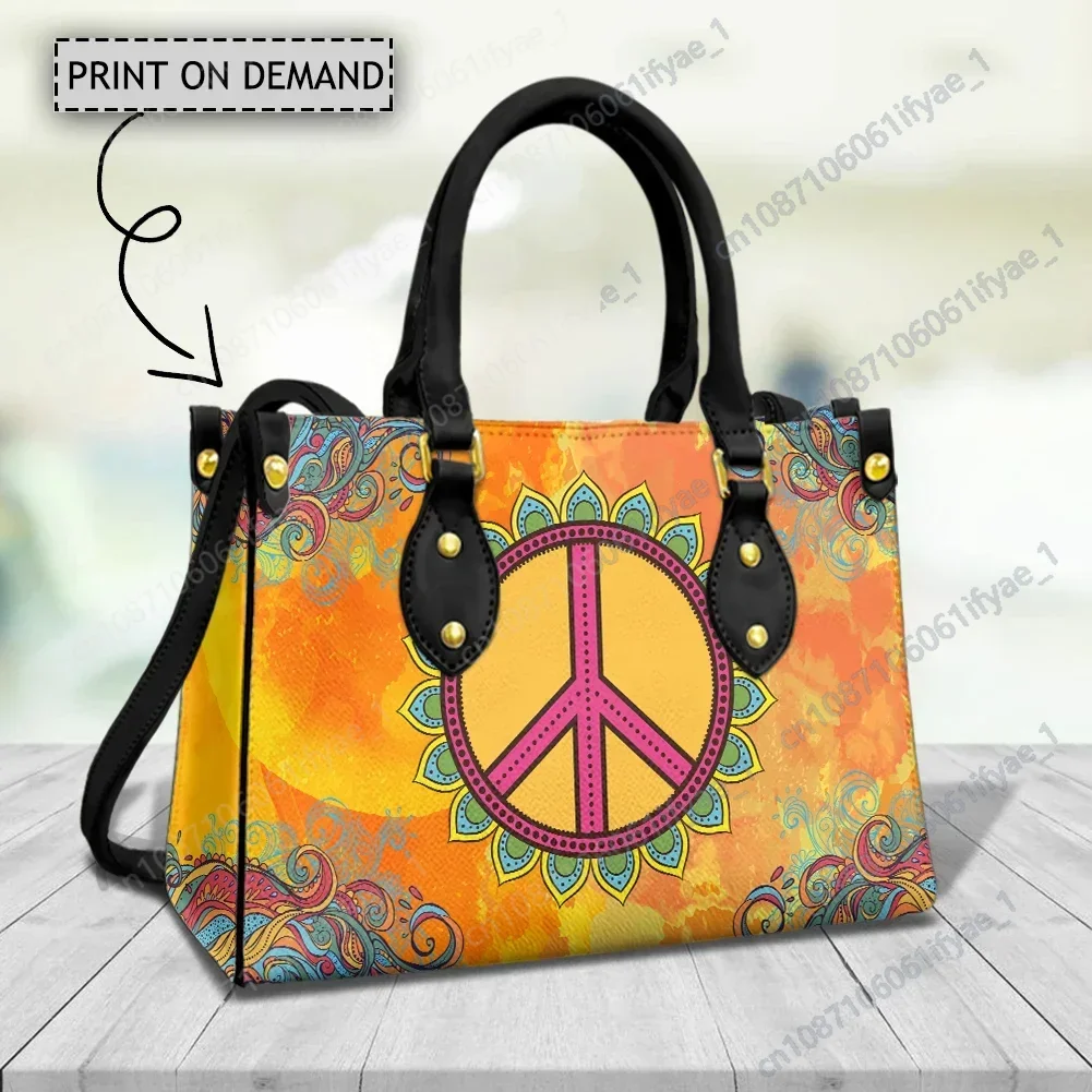 Sacs à main en cuir PU Peace and Love Print pour femmes, grand fourre-tout, sacs à main de luxe, créateur de marque, poudres à poignée supérieure, initié