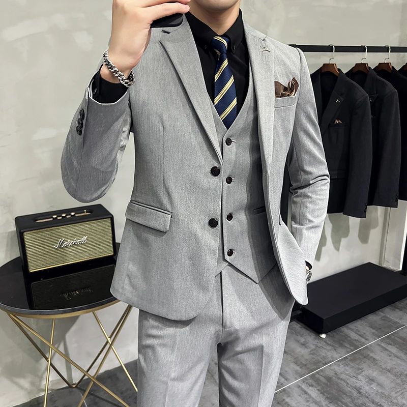 2023 Fashion New Men\'s Leisure Boutique Business Solid Color Slim Wedding Suit / Plaid Striped 3 Pcs Blazers Jacket Pants Vest