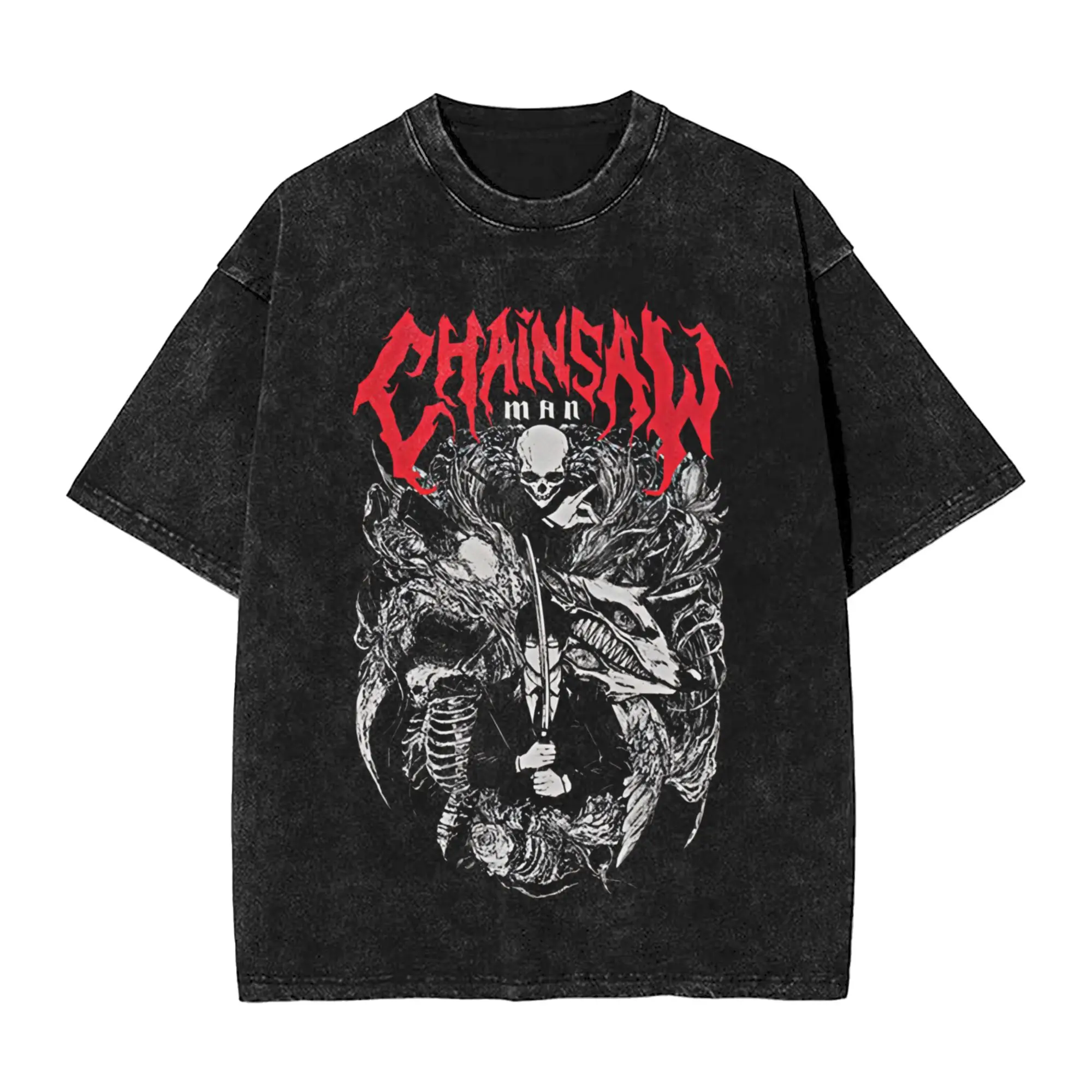 Ullzang Chainsaws Man Vintage Washed T-Shirt Men Crewneck Short Sleeve Tops Shirts Anime Cotton Summer Top Tee